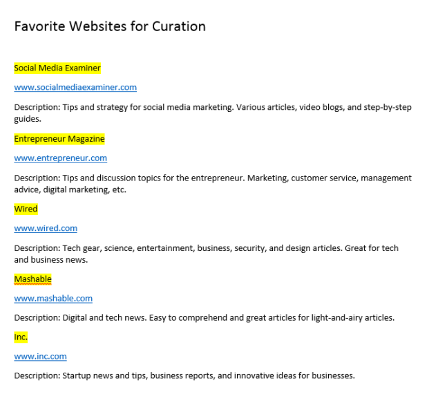 Website Curation List